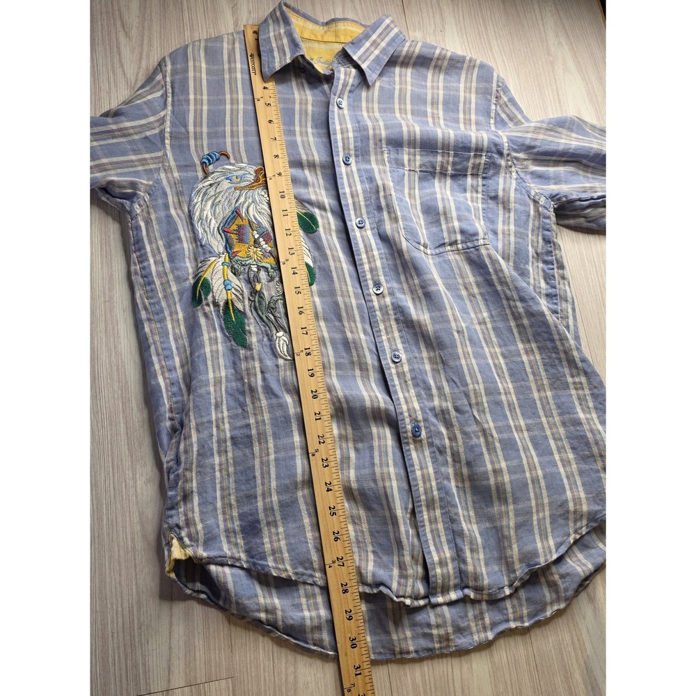 Indigo Palms Tommy Bahama Men's M Linen Plaid Shirt Embroidered Eagle Resortwear - Picture 9 of 10